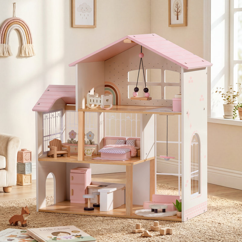Ensemble de maison de poupée en bois avec 6 pièces et 37 pièces d'accessoires de maison de poupée, maison de poupée Montessori rose pour 3 personnes et plus