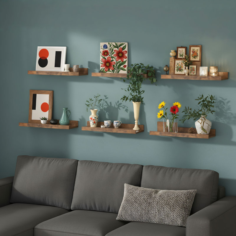 6-piece Brown Wall-mounted Wooden Shelf Set, Suitable For Bedrooms, Living Rooms, Bathrooms, And Kitchens. It Serves Both Decorative And Storage Purposes; The Wooden Material Exudes Quality.
