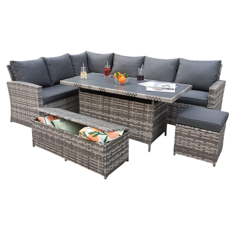 Rosen 9 Seater Aluminium Dining Table Top With Storage Bench And Stool, Grey