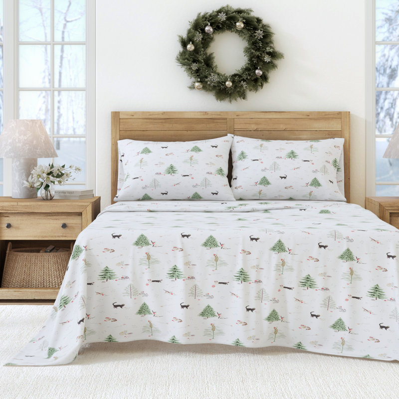 100% Turkish Cotton Flannel Christmas Sheet Sets, Winter Cats, Twin with 1 Pillowcase