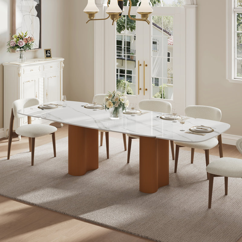63-94.5" Modern Extendable Retangular Dining Table For 4-10, Sintered Stone Table Top, With Brown Wood Double Base, White