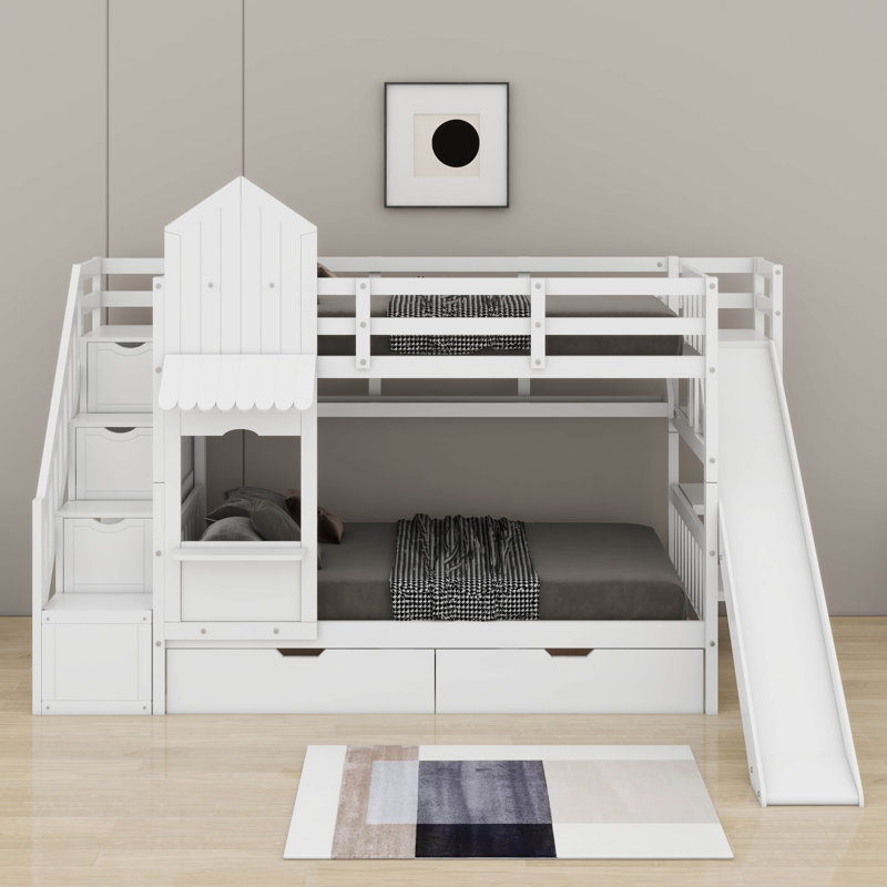 Lit superposé simple au-dessus d'un lit simple de style château avec 2 tiroirs et 3 glissières, Blanc