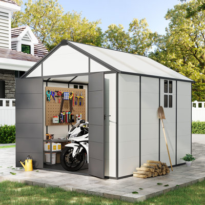 Remise de rangement extérieure 8X10FT, remise résistante aux intempéries avec portes verrouillables et plancher intégré, remise à outils en toit incliné pour le jardin et le patio