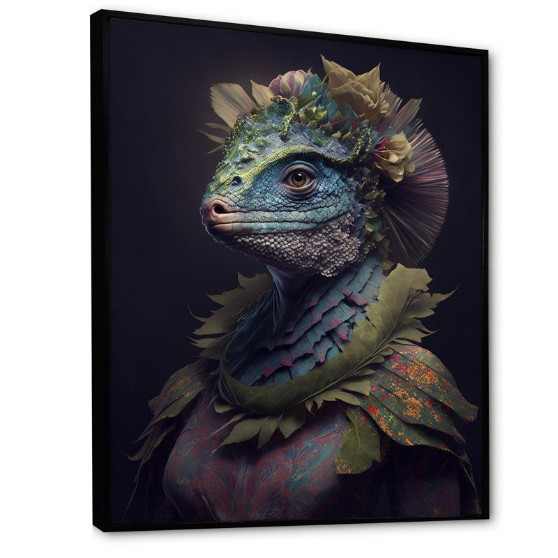 Dino bleu portant un costume de reptile - art mural sur toile de dinosaure, H 44 po x l 34 po, Encadrement doré