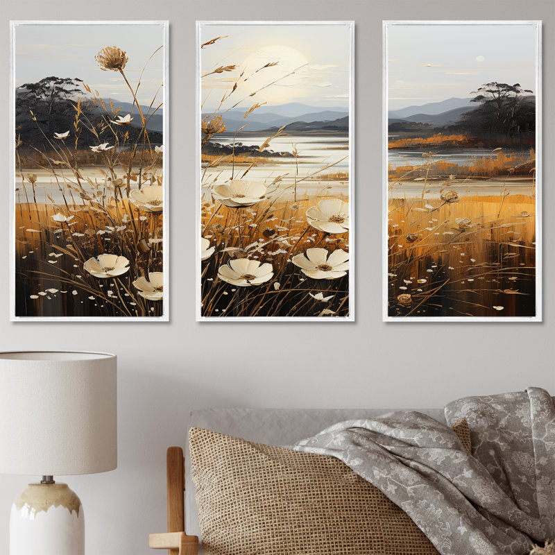 Golden Meadows Of Flowers Fields - Flower Wall Decor Set, White Floater Framed, 32" H x 48" W x 1" D