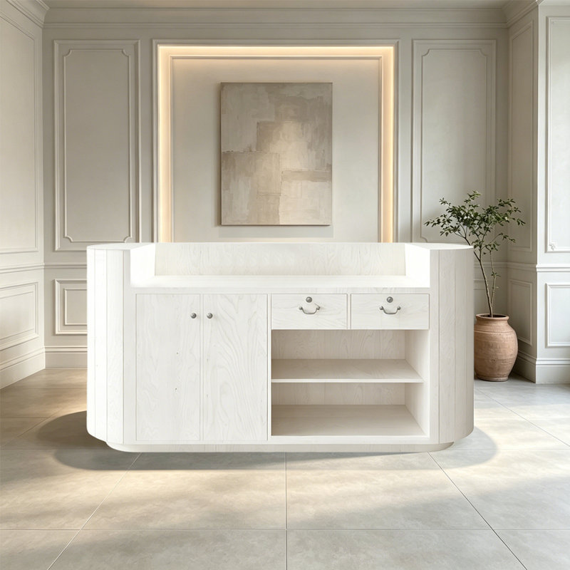 Bureau de réception robuste en grain de bois rétro avec tiroir verrouillable, White