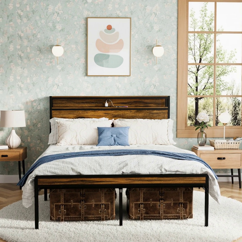 Queen Size Bed Frame With LED Light Headboard, Storage, Charging Station, And Easy Assembly In Vintage Brown