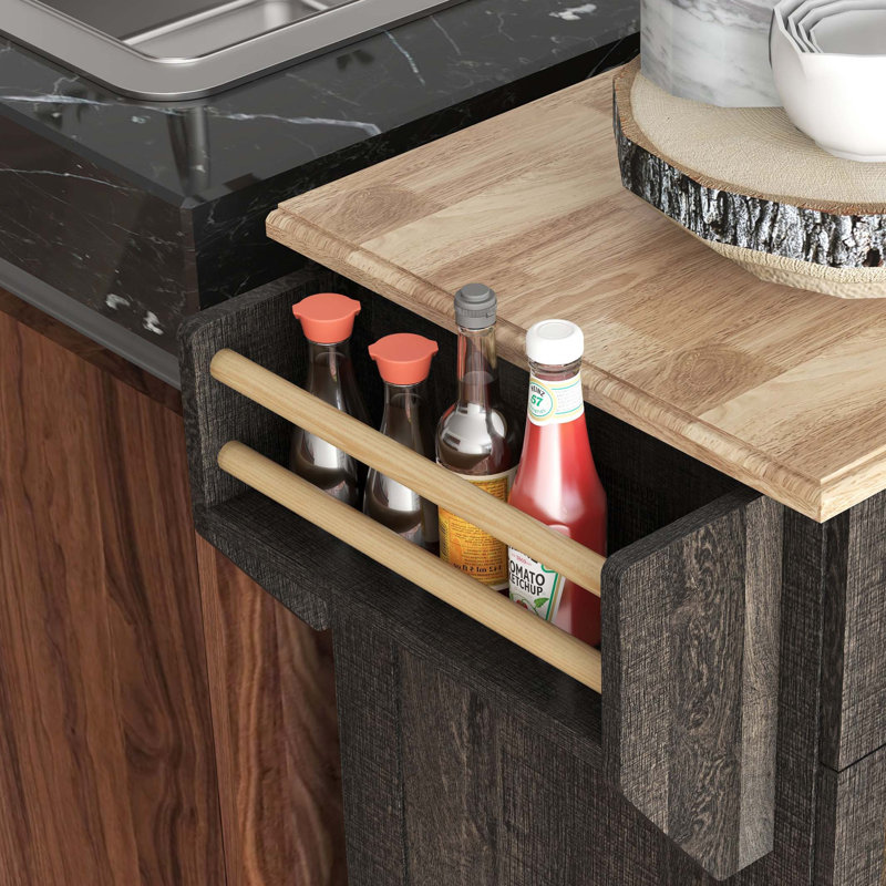 Kitchen Island With Storage, Rolling Kitchen Serving Cart With Rubber Wood Top, Towel Rack, Spice Rack, Storage Drawer And Cabinet