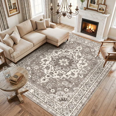 Tapis de couloir oriental lavable 8 x 10 - Tapis pour le salon Tapis doux pour la cuisine de la chambre à coucher Tapis de sol imperméable à l'eau à motif floral patiné et résistant aux taches