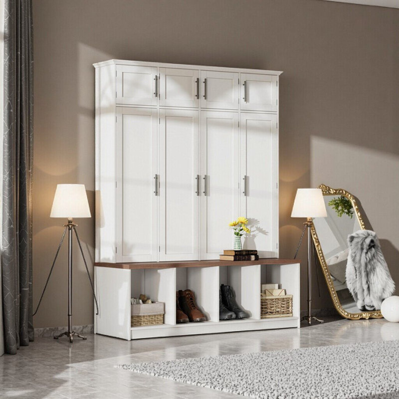 Elegant Farmhouse Hall Tree with Walnut Bench – Ultimate Storage and Style for Your Home Entryway, White