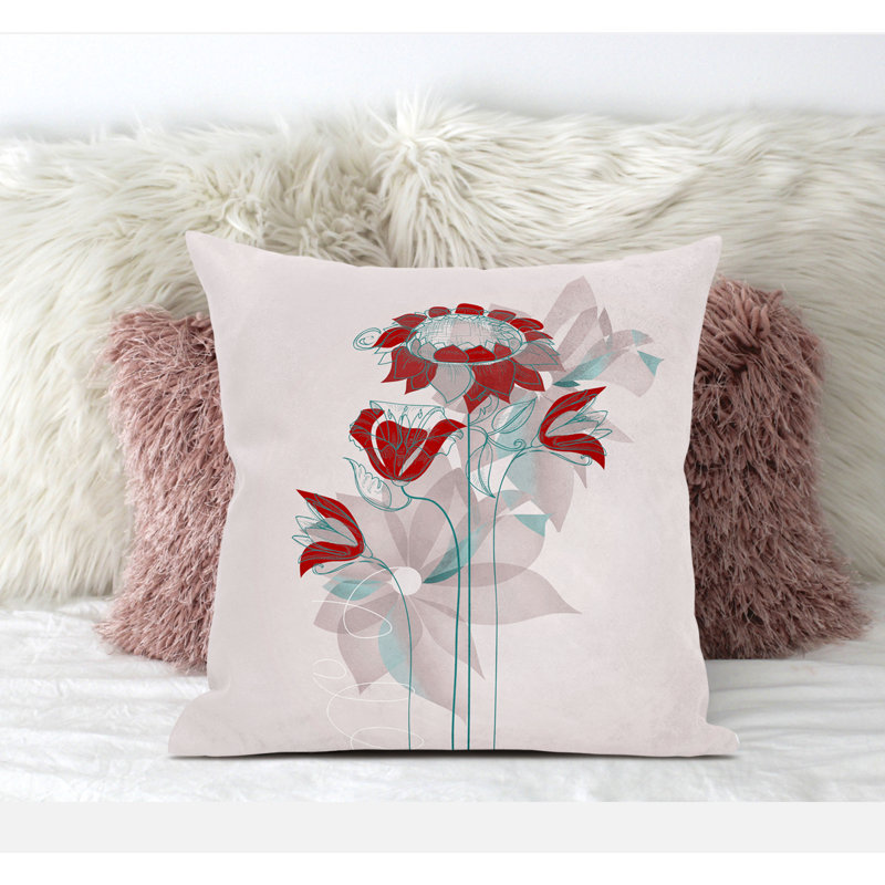 Coussin à motif floral avec housse amovible, Vert / mauve / rose, H 18 po x l 18 po