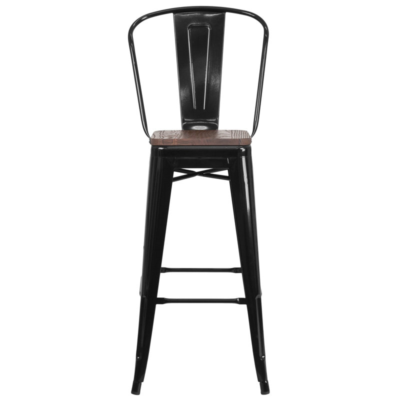 Rustic Bistro-Style Black Metal and Brown Wood Barstool