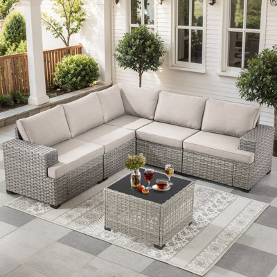 Gymojoy Outdoor Wicker Sectional Sofa Set With Glass Table, Wide Armrests & Water-Resistant Cushions, Patio Furniture For Garden