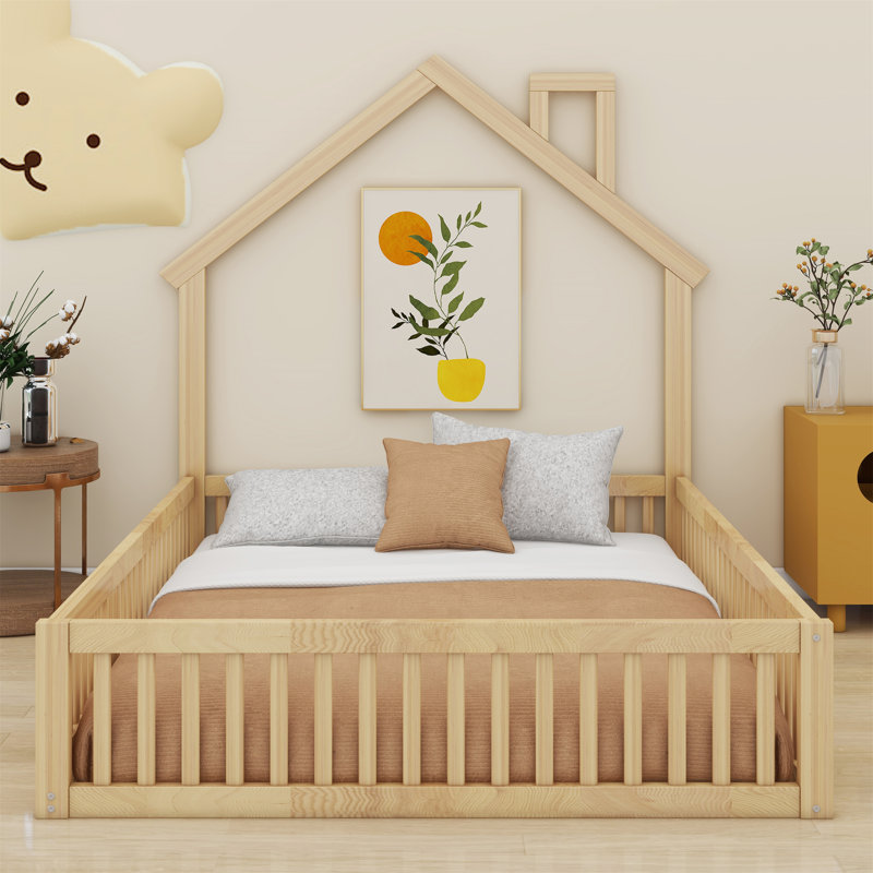Wood House Platform Bed With Guardrail, Natural
