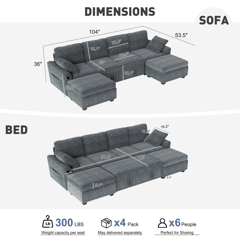 Macleod 104" Upholstered Corduroy U Shaped Modular Sectional Sleeper Sofa with Pull Out Bed and Two Storage Ottomans, Gray