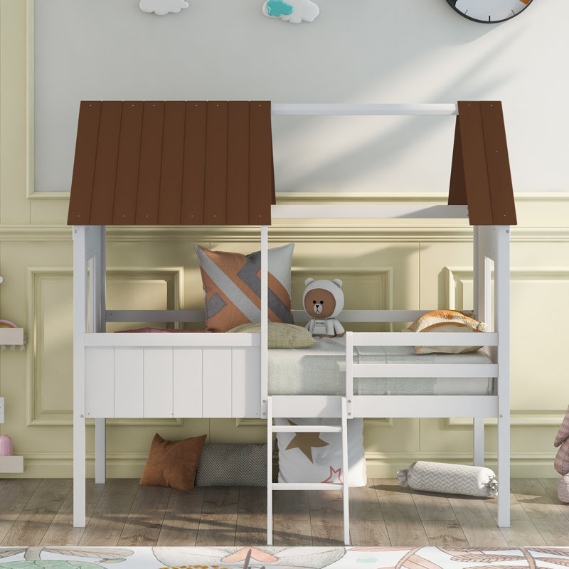 Low Loft Wood House Bed With Two Side Windows  (White+Brown)(OLD SKU: LP000037AAD), Brown