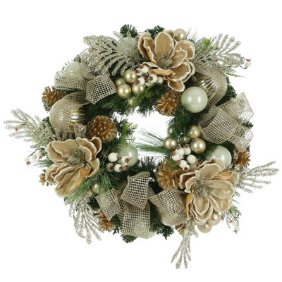 26" Wreath With Magnolias, Berry Picks And Decorative Balls