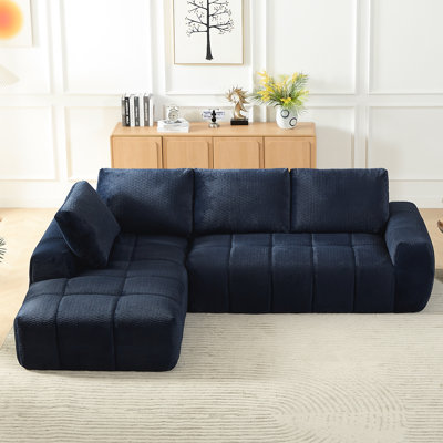 Très grand canapé-lit minimaliste en forme de L en fausse fourrure bleu foncé pour salon et appartement, revêtement en peau douce, surface, structure à ressorts en éponge, canapé modulaire de luxe sans assemblage requis