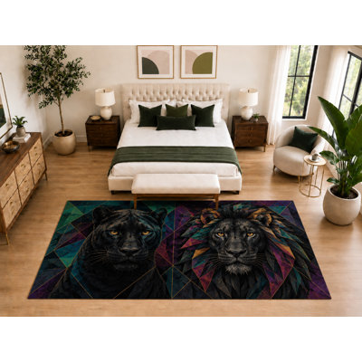"Ultra Thin" Large 6'7" x 9'10" Panther Lion Rug, Soft Low Pile Indoor Rug, Non-Slip Silicone Backing for Bedroom Multicolor