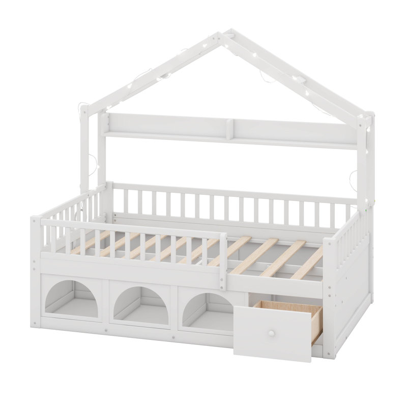 Structure de lit en bois avec toit et lumières DEL, lit avec tiroir de rangement et tablettes, garde-corps de sécurité, Blanc
