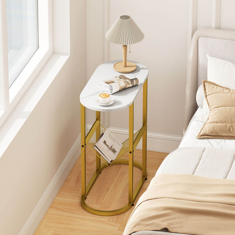 Table de bout 2 pièces avec plateau en faux marbre et porte-revues Cadre en métal robuste blanc, 2