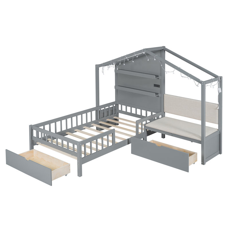 Solara House Bed Set With Upholstered Sofa, Charging Station, And Two Drawers, Gray