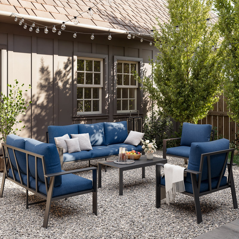 7-Person Sofa Seating Group With Coffee Table, Blue Cushion/Gray Frame