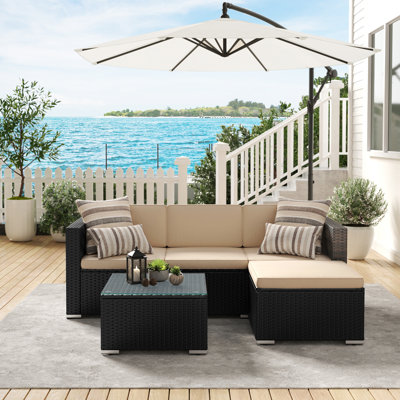 Garden Furniture Set, PE Rattan Patio Furniture Set, Outdoor Corner Sofa Couch, Handwoven Rattan Patio Conversation Set, With Cushions And Glass Table