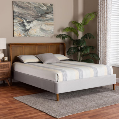 Bendt Baxton Studio Harrell Mid-Century Modern Grey Velvet And Woven Rattan Wood Queen Size Bed