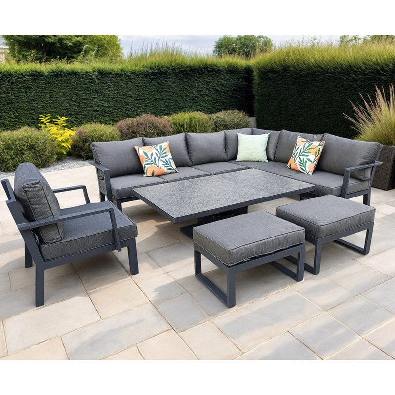 Aluminium 9 Seater Corner Sofa Rising Table Set With Armchair And Stool
