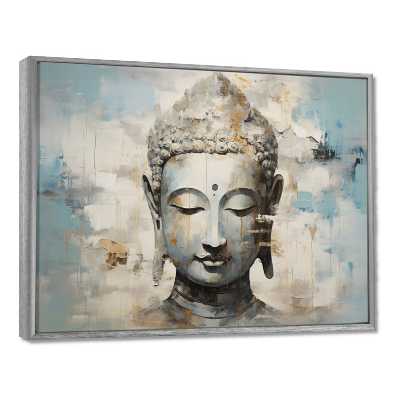 Simple Bouddhism Statue III - Bouddhisme, art mural, H 16 po x l 32 po x P 1 po, Encadrement argenté