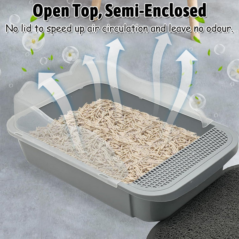 Bac à litière ouvert avec tamis pour lit de chat avec tapis antidérapant et cuve de toilette à paroi haute amovible pour chat, petits chats