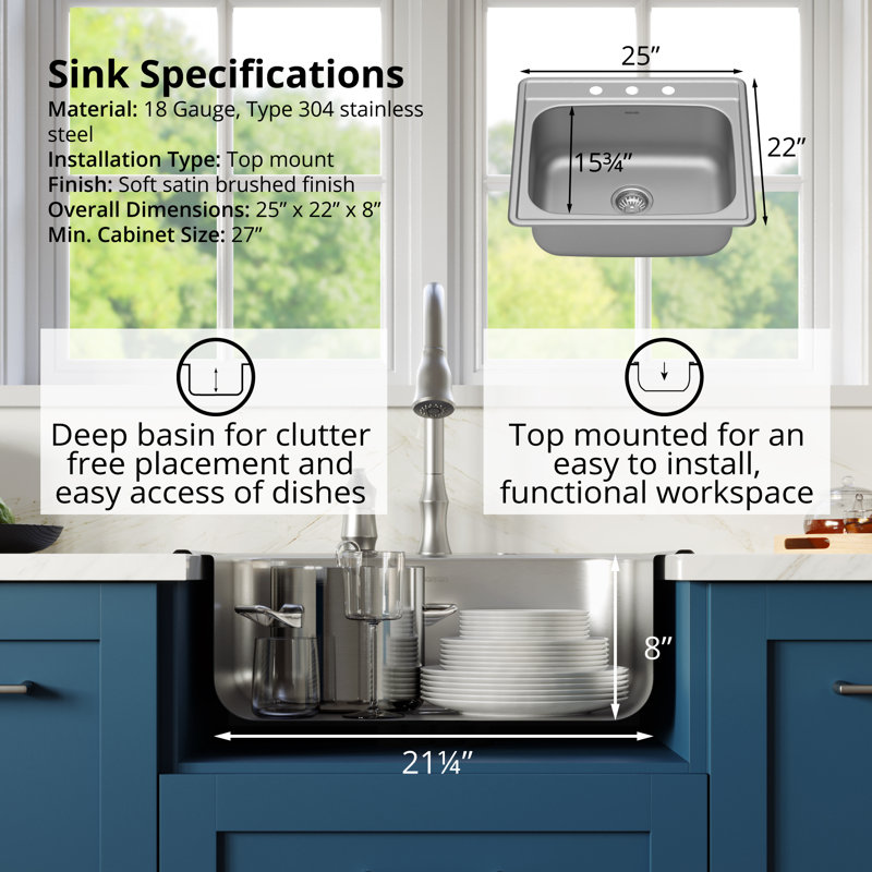 Karran 25" Satin Brushed Stainless Steel Single Bowl Kitchen Sink Kit