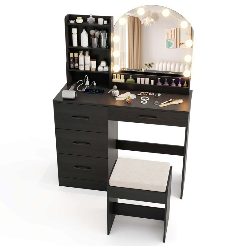 Vanity Set With Mirror And Lights Dressing Table And Chair 4 Drawers 3 Open Shelves Black
