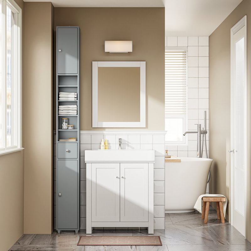 Bathroom Narrow Tall Storage Cabinet with 2 Doors, 1 Drawer, Grey, Grey