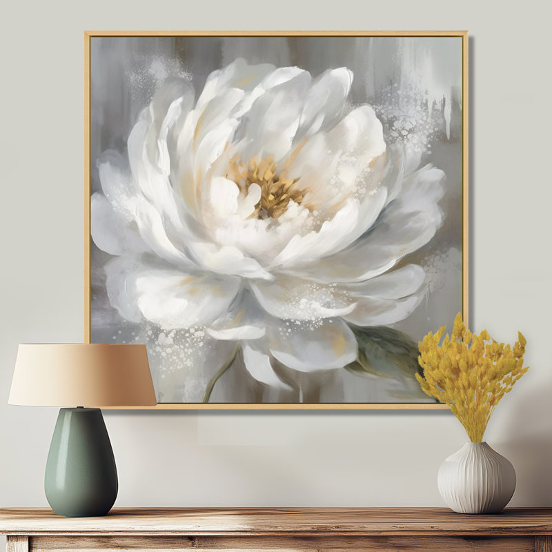 Art de pivoines blanches et grises - art sur toile de pivoines, H 36 po x l 36 po x P 1,5 po, Cadre flottant érable