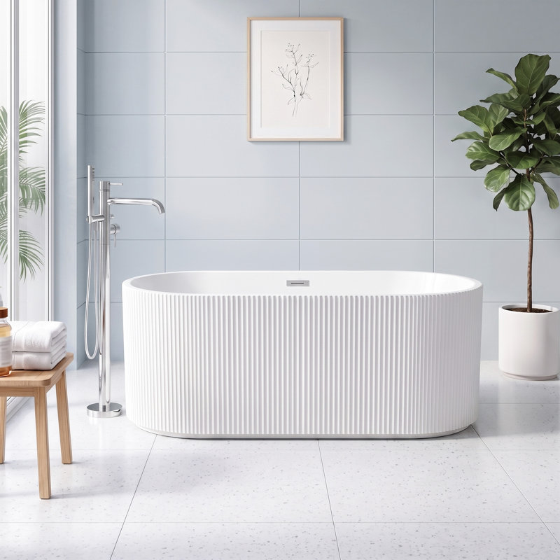 Baignoire autoportante moderne en acrylique linéaire de 150 x 76 cm avec trop-plein et bonde rétractable, certifiée CUPC, blanc brillant