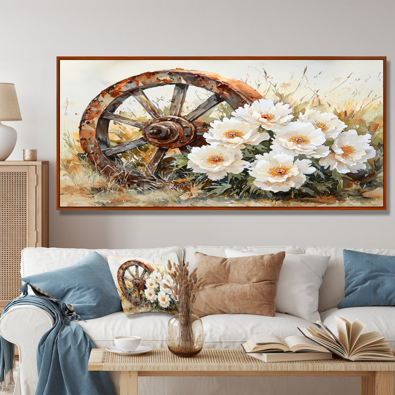 Inaiya, pivoines par roue de chariot I - pivoines, art mural, Brun, H 28 po x l 60 po, Impression encadrée flottante