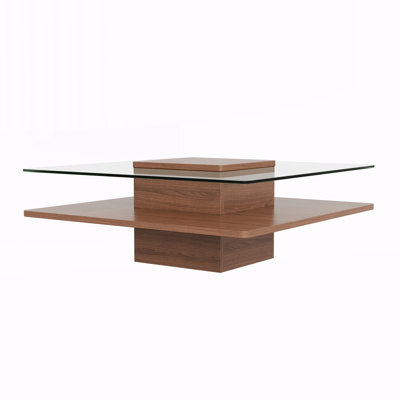 The Square Coffee Table with Clear Tempered Glass Top and Storage Shelf