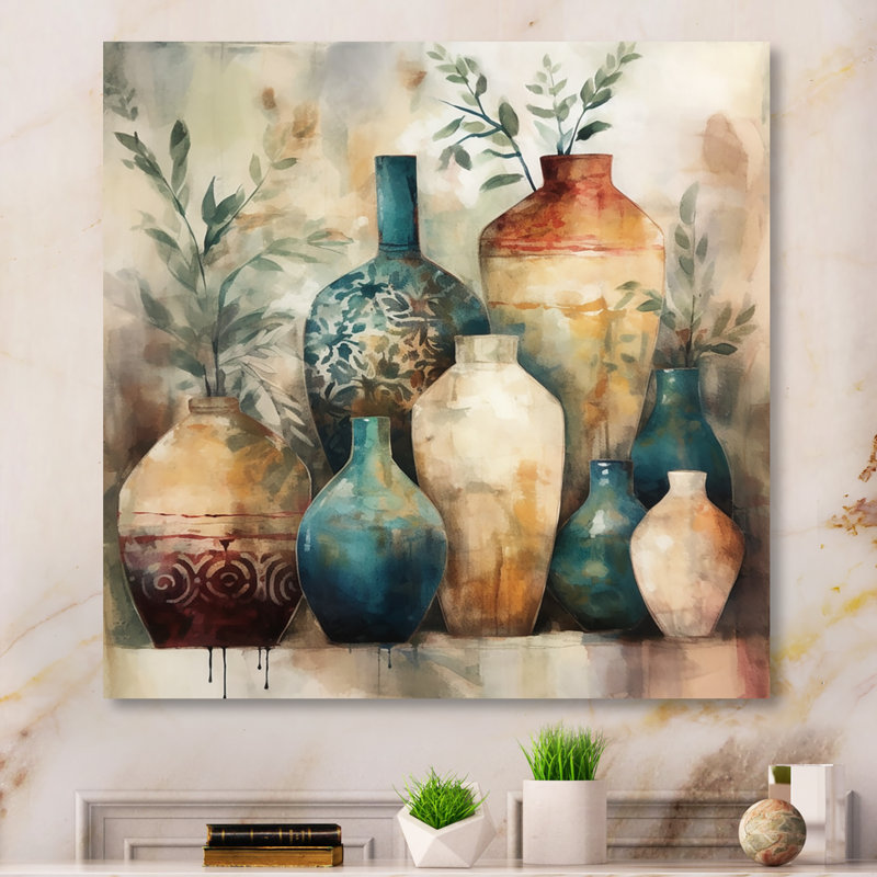 Poterie artisanale verte et orange Kingsfield I - Boho Pottery, reproduction d'art encadrée, H 36 po x l 36 po, Toile tendue