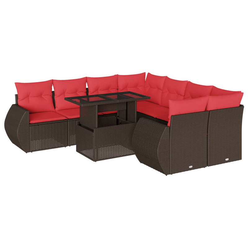 Ensemble de canapé de patio 9 pièces avec coussins en rotin de polyester, Rouge, Brun