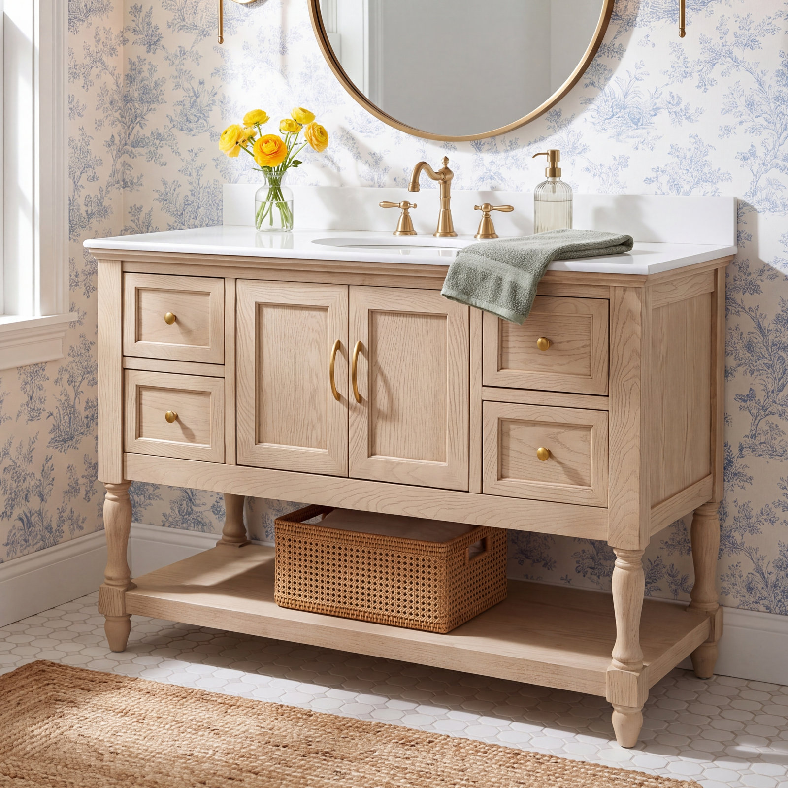 48 " Pine Single Bathroom Vanity, Greige Oak, Engineered White