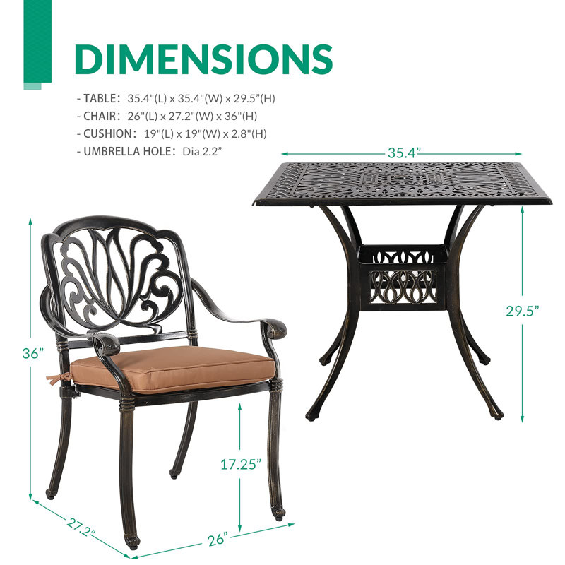 Kolle 4 - Person Patio Dining Set with Square Table , Cushions Included, Khaki/Antique Bronze