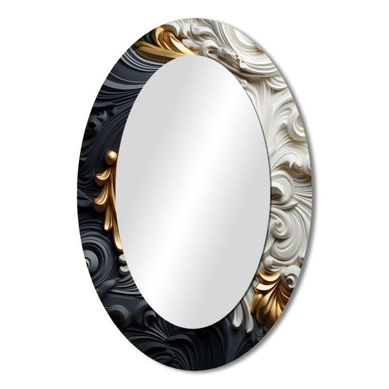 White Gold And Black Ornamental Liquid Spiral - Gold Modern Oval Wall Mirror, 36" x 24"