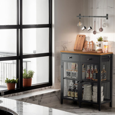 31.5'' Industrial Sideboard Buffet Cabinet With Storage, 2 Mesh Doors & 2 Drawers, Adjustable Feet, Vintage Farmhouse Style For Kitchen, Dining Room Or Living Room – Walnut Or Gray Finish