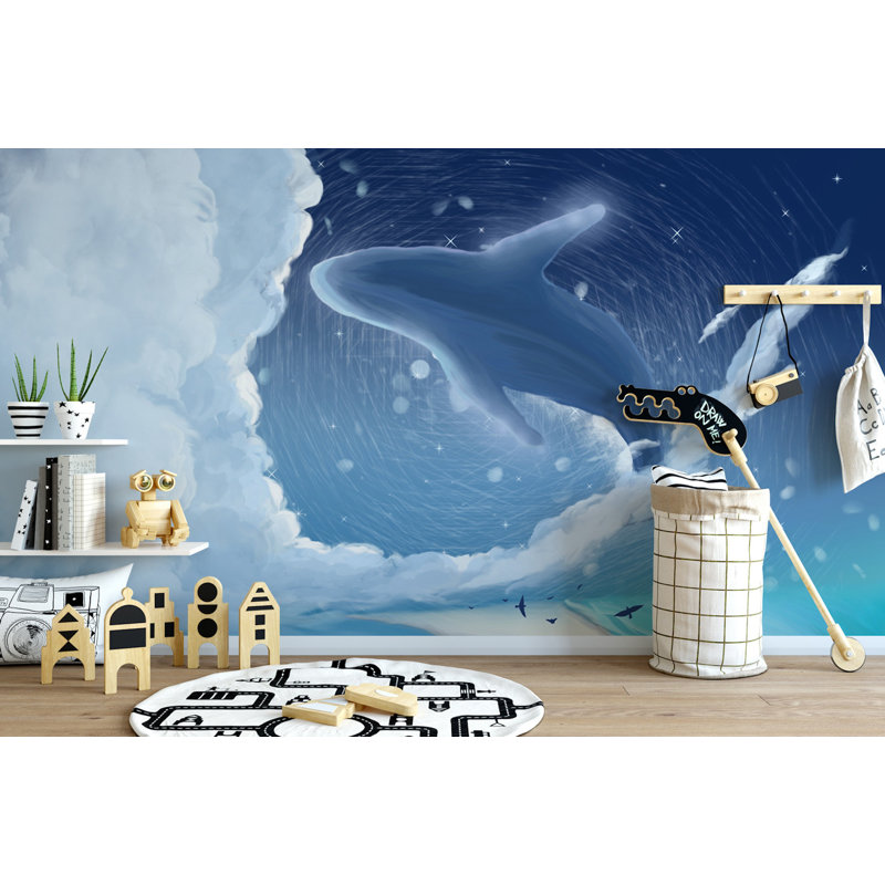 Blue Whale Cartoon Nightscape Removable Wallpaper, 48.96" L x 75" W