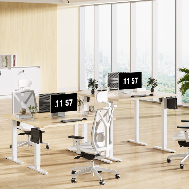 Adjustable Height Steel Standing Desk, 118cm H x 140cm W 60cm D, White, Beige