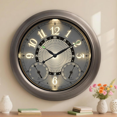 Sight Illuminated Large Metal Outdoor Clocks Waterproof 18 Inches With AI Auto Light Smart Sensor,Extra Big Indoor Outdoor Wall Clocks With Thermometer & Hygrometer For Patio, Pool, Garden,Porch