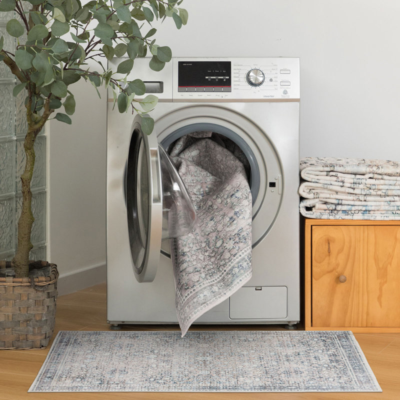 Kaysyn Oriental Floral Design Performance Machine Washable and Foldable Area Rug Ivory/Blue, Rectangle 5' x 7'