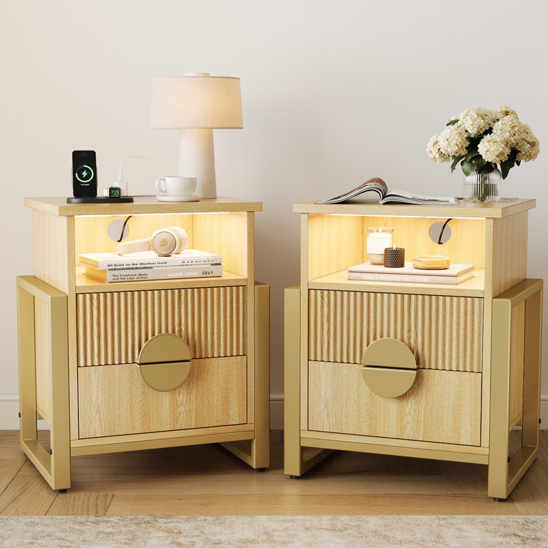 Lark Manor 2-Drawer Fluted Nightstand With With Charging Station And Led Light,With H Metal Legs Bedside Table(Set Of 2